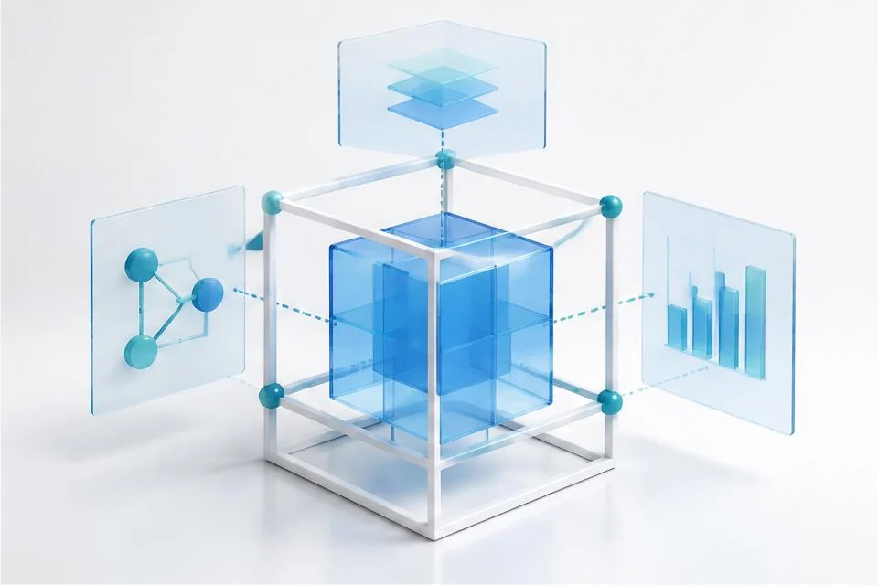 Transparent AI cube with visible analytical connections